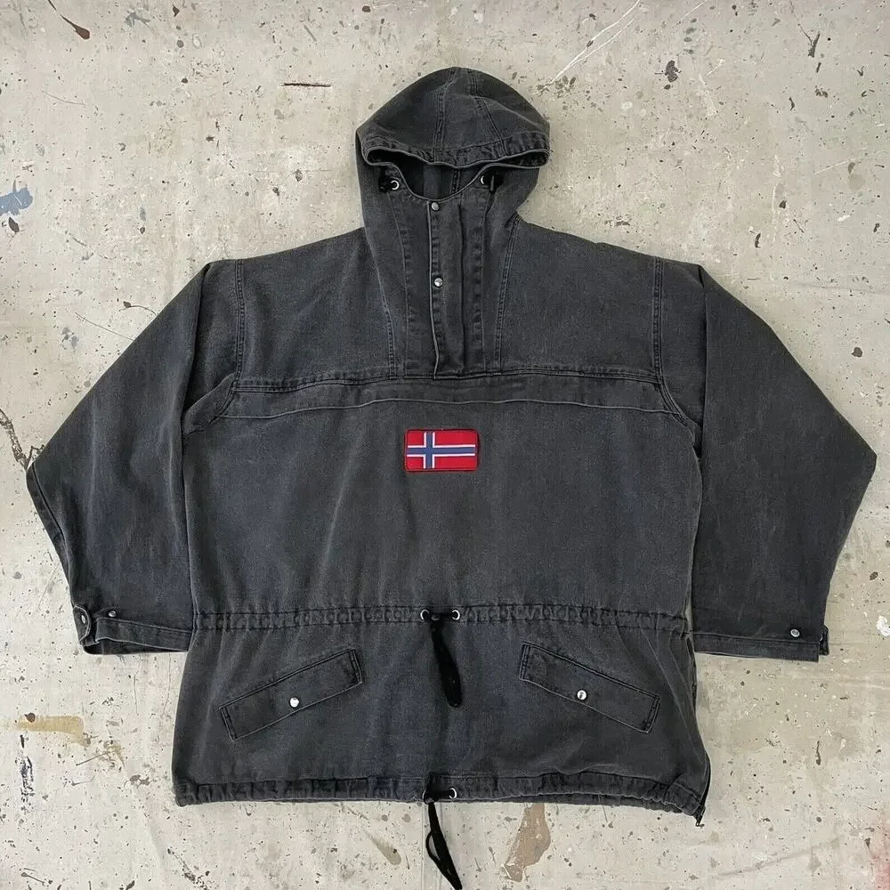 J.Peterman Jacket Mens XL Black Norway Flag Pullover Denim Parka Vintage 90s - Picture 2 of 9